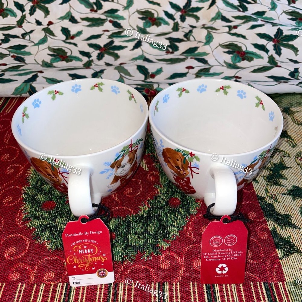 Portobello By Design Cup Mugs Dogs in Stockings Holiday Warm Wishes Bone China - Picture 9 of 12